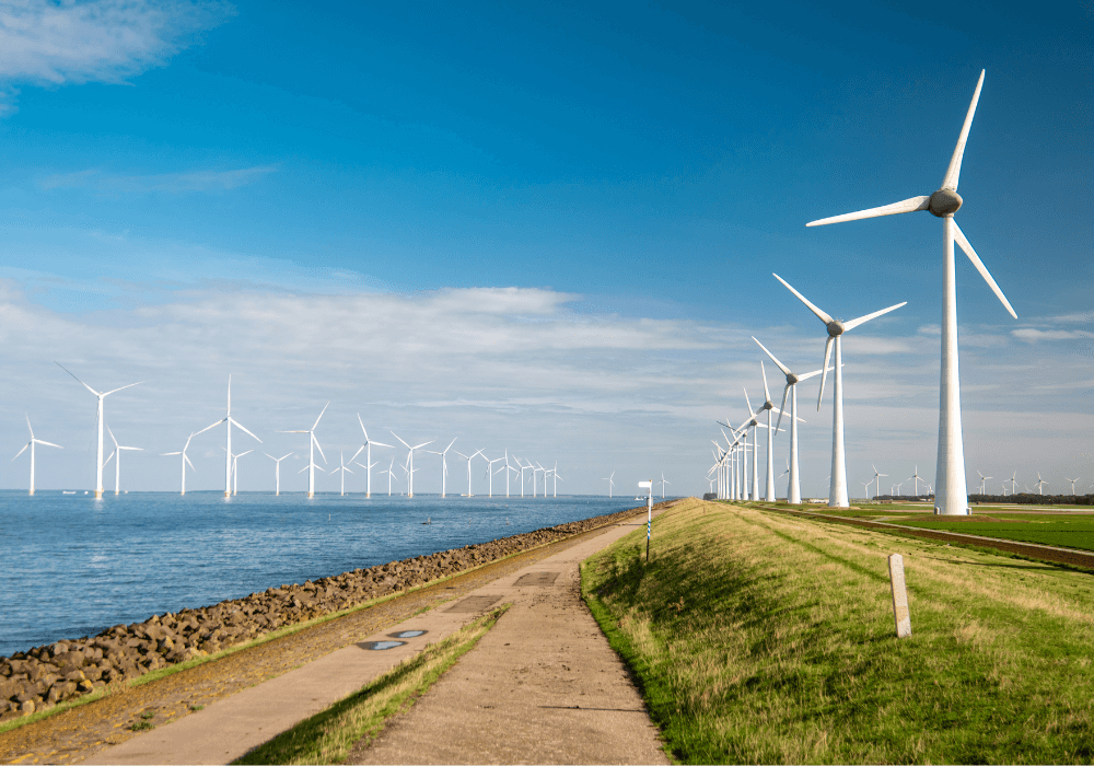 Header Flevoland dijk met windmolens